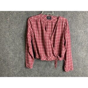 Abercrombie & Fitch Crop Wrap Top Long Sleeve Pink M Plaid Side Tie Soft Viscose